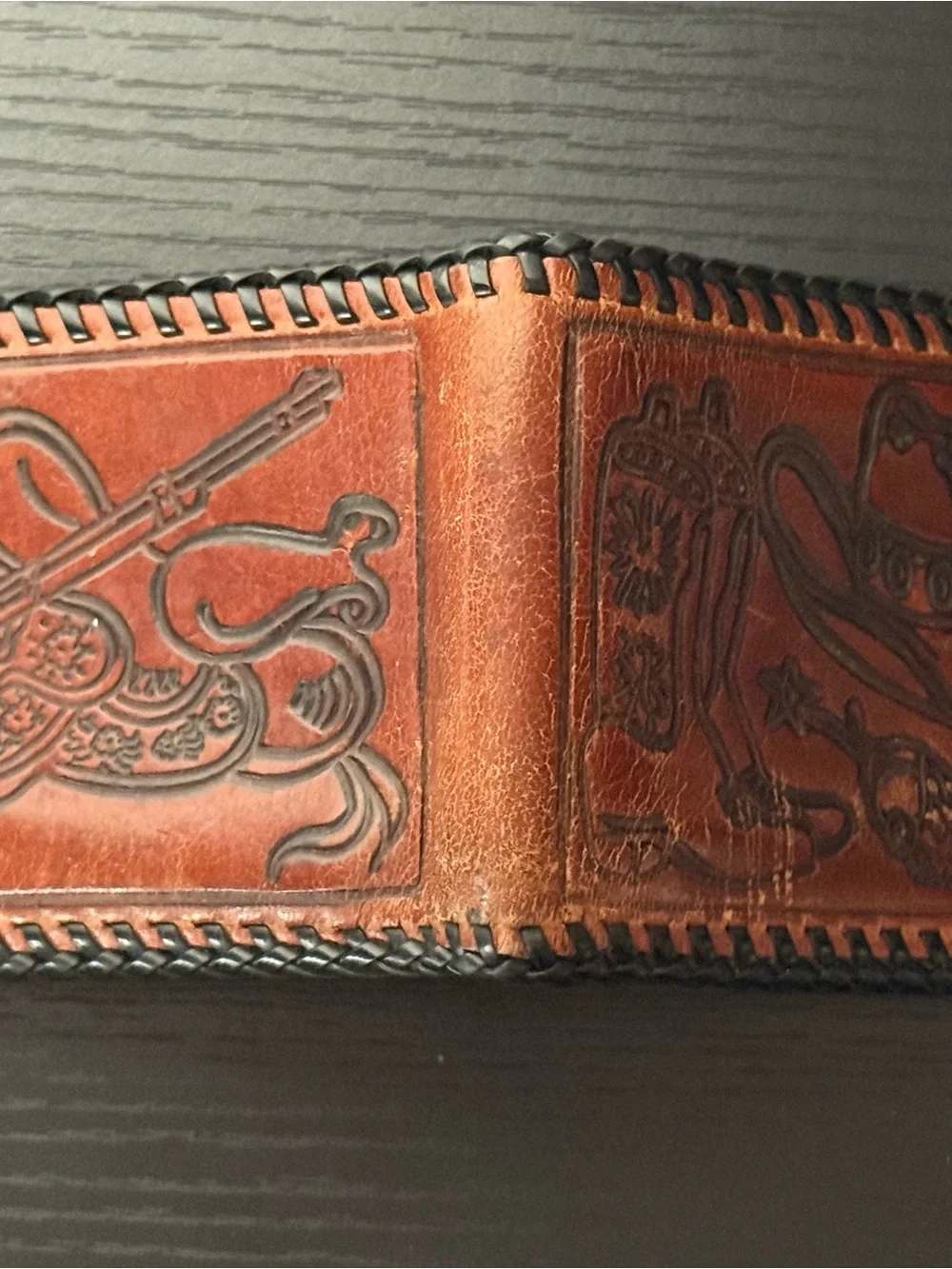 VTG Handmade Leather Wallet with Cowboy Motifs Boots & Spurs, Hat, Gun & Saddle